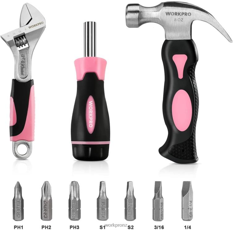 10 Pcs Household Tools Kit for Women with Screwdriver Bits Holder Set 8884L243 Pink WORKPRO Tool