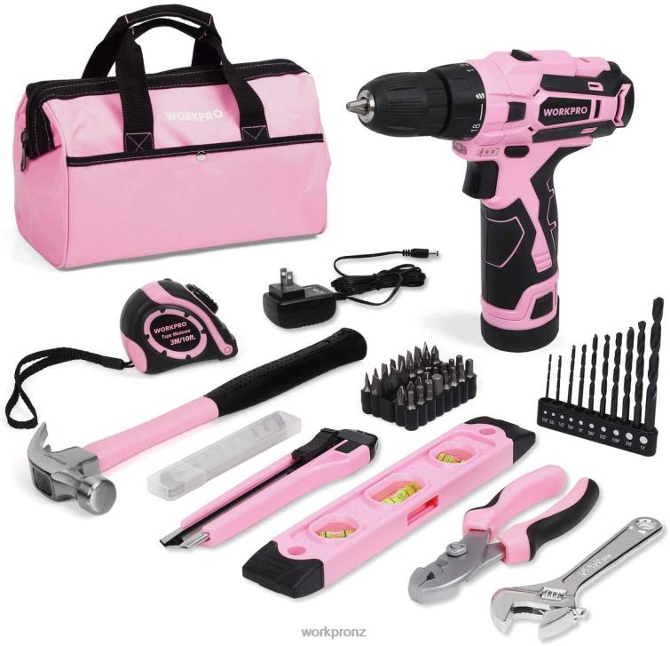 12V Cordless Drill and Home Tool Kit with 14-inch Storage Bag 8884L258 Pink WORKPRO Tool
