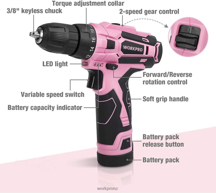 12V Cordless Drill and Home Tool Kit with 14-inch Storage Bag 8884L258 Pink WORKPRO Tool
