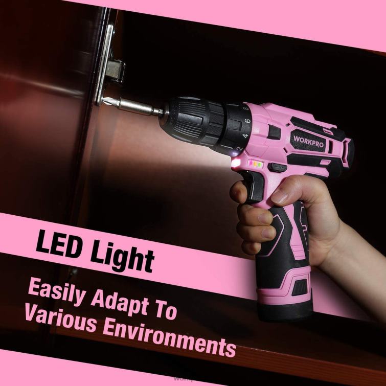 12V Cordless Drill and Home Tool Kit with 14-inch Storage Bag 8884L258 Pink WORKPRO Tool