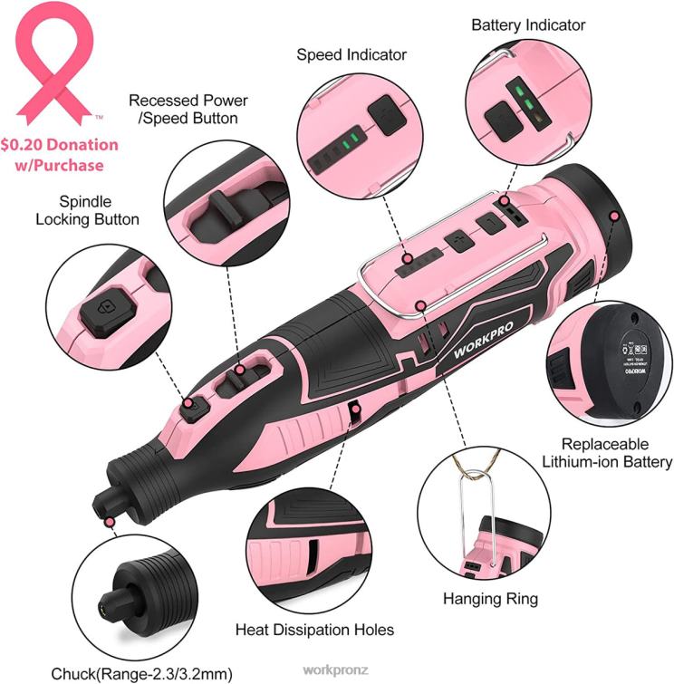 12V Cordless Rotary Tool Kit, 5 Variable Speeds, 114 Easy Change Accessories 8884L267 Pink WORKPRO Tool