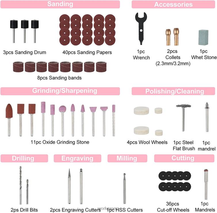 12V Cordless Rotary Tool Kit, 5 Variable Speeds, 114 Easy Change Accessories 8884L267 Pink WORKPRO Tool