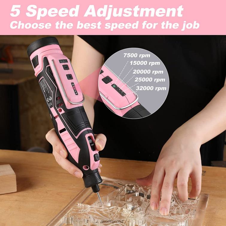 12V Cordless Rotary Tool Kit, 5 Variable Speeds, 114 Easy Change Accessories 8884L267 Pink WORKPRO Tool