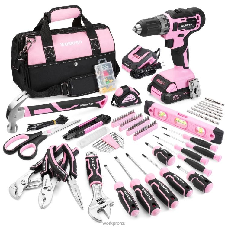 157-Piece Cordless Drill Combo Kit with 20V Cordless Lithium-ion 8884L259 Pink/Grey WORKPRO Tool