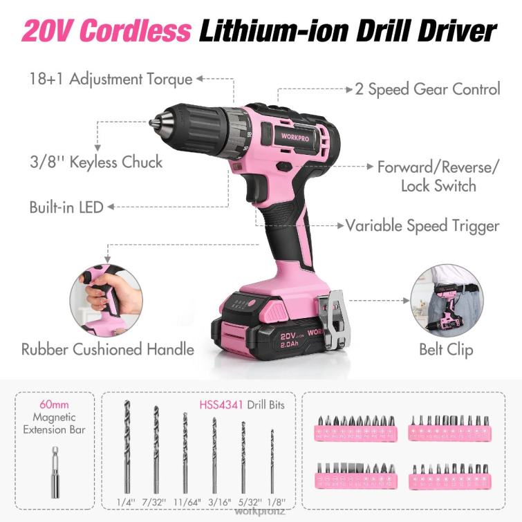 157-Piece Cordless Drill Combo Kit with 20V Cordless Lithium-ion 8884L259 Pink/Grey WORKPRO Tool