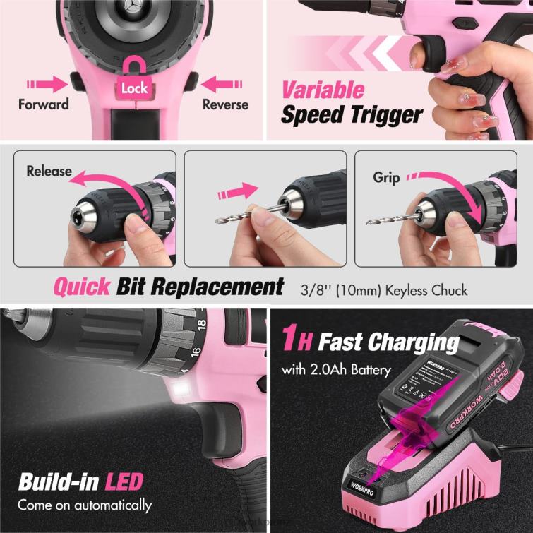 157-Piece Cordless Drill Combo Kit with 20V Cordless Lithium-ion 8884L259 Pink/Grey WORKPRO Tool