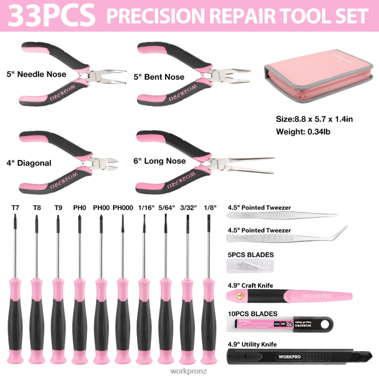 33 Pcs Precision Repair Tool Set Includes Pliers Set 8884L257 Pink/Blue WORKPRO Tool