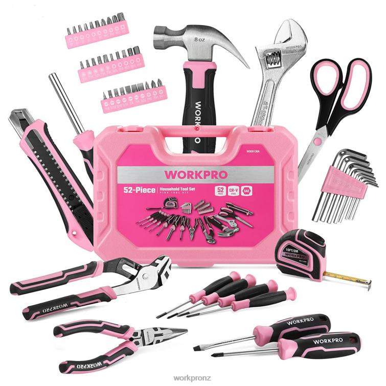 52 Pcs Tool Set, Home Women's Tool Set with Storage Tool Box, Basic Tool Set - Ribbon 8884L249 Pink WORKPRO Tool