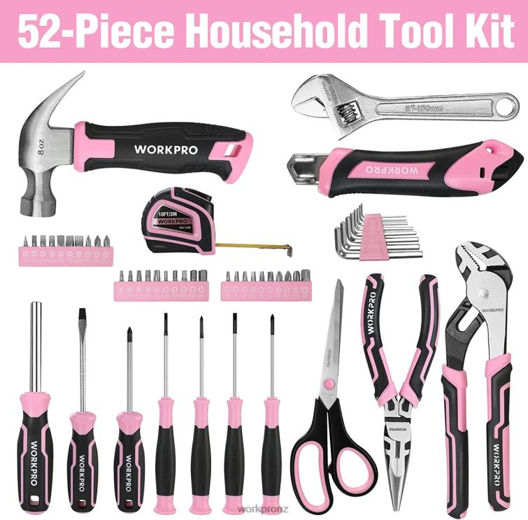 52 Pcs Tool Set, Home Women's Tool Set with Storage Tool Box, Basic Tool Set - Ribbon 8884L249 Pink WORKPRO Tool