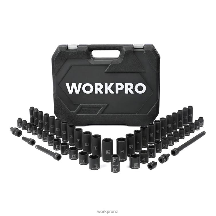 55 Pcs Drive Impact Socket Set with Extension Bars, Premium Cr-V Steel, SAE and Metric Sockets with Enhanced Storage Case 8884L307 Morden WORKPRO Tool
