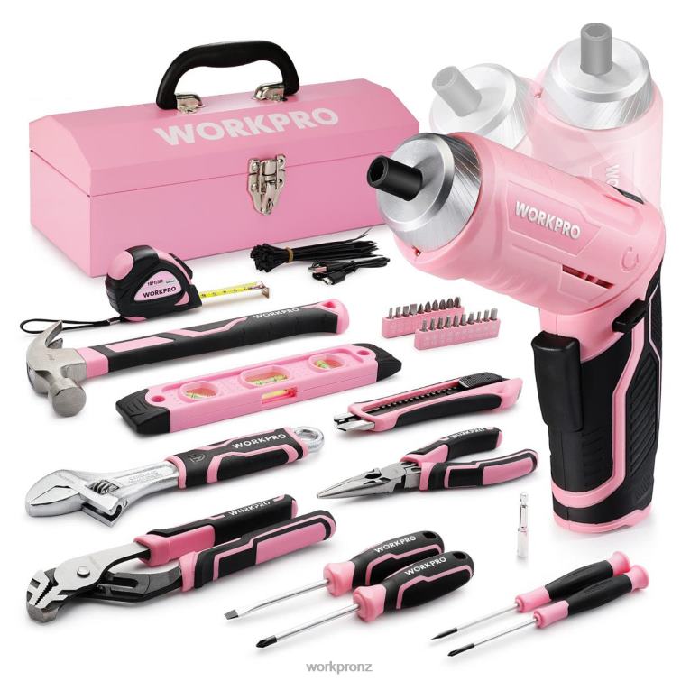 75 Pcs Tools Set, 3.7V Rotatable Cordless Screwdriver, and Household Tool Kit 8884L260 Pink WORKPRO Tool