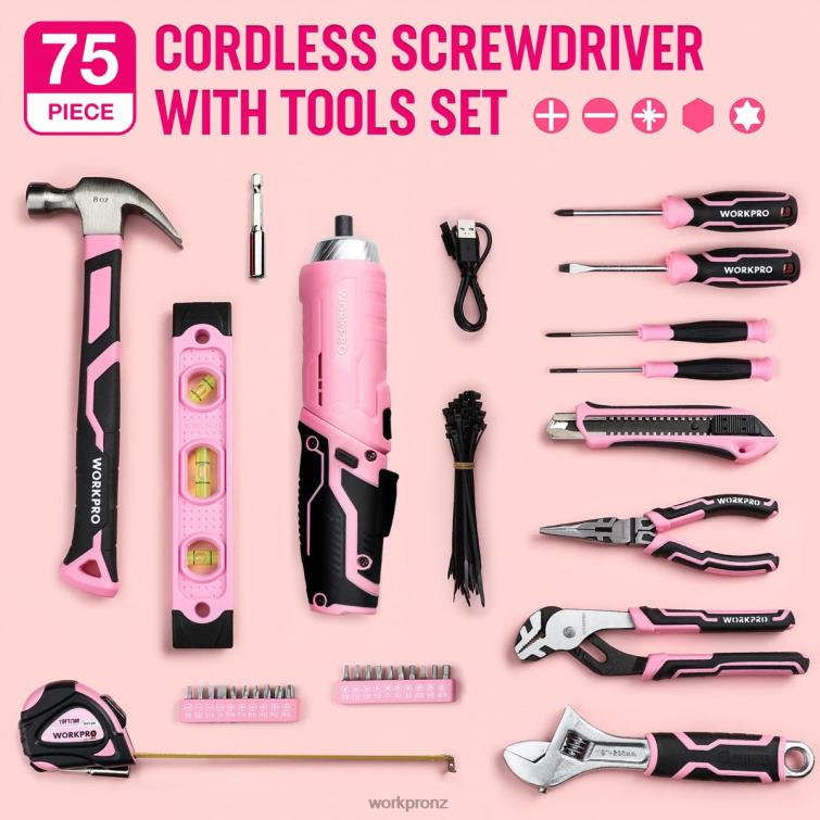 75 Pcs Tools Set, 3.7V Rotatable Cordless Screwdriver, and Household Tool Kit 8884L260 Pink WORKPRO Tool
