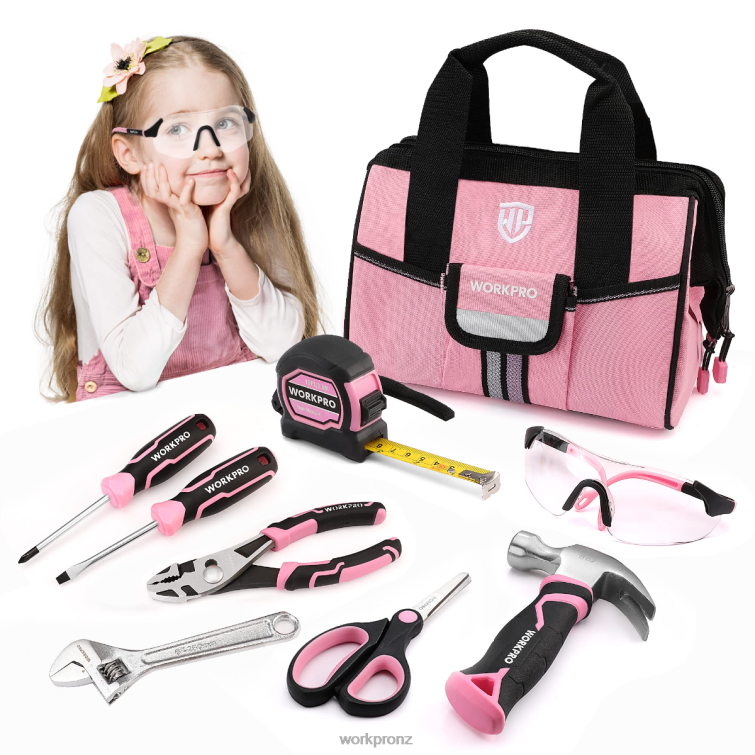 9 Pcs Kids Junior Tool Set with Tool Bag 8884L253 Pink/Blue WORKPRO Tool