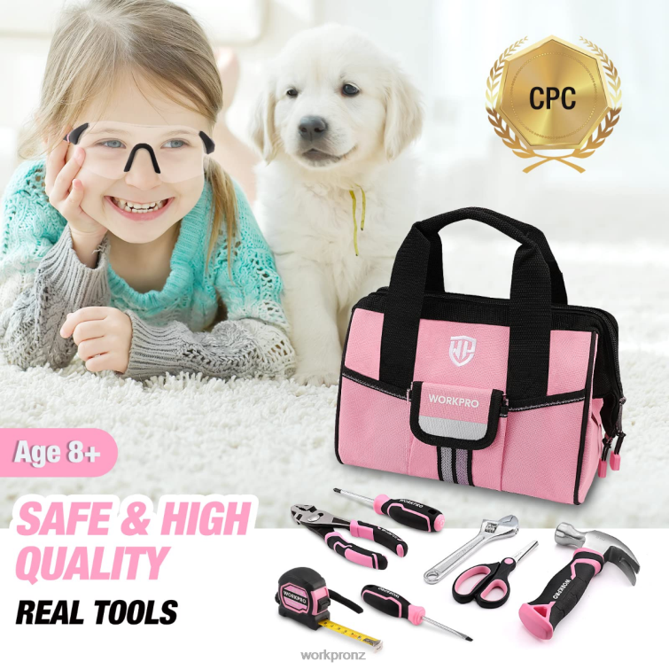 9 Pcs Kids Junior Tool Set with Tool Bag 8884L253 Pink/Blue WORKPRO Tool