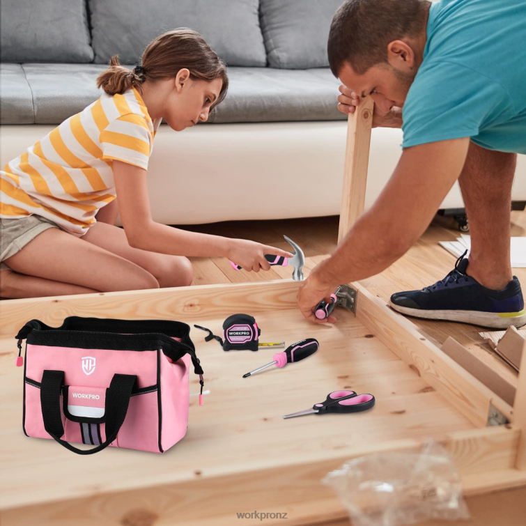9 Pcs Kids Junior Tool Set with Tool Bag 8884L253 Pink/Blue WORKPRO Tool
