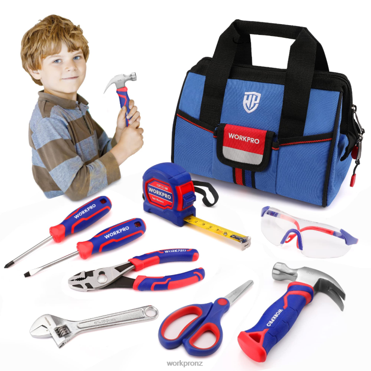 9 Pcs Kids Junior Tool Set with Tool Bag 8884L253 Pink/Blue WORKPRO Tool