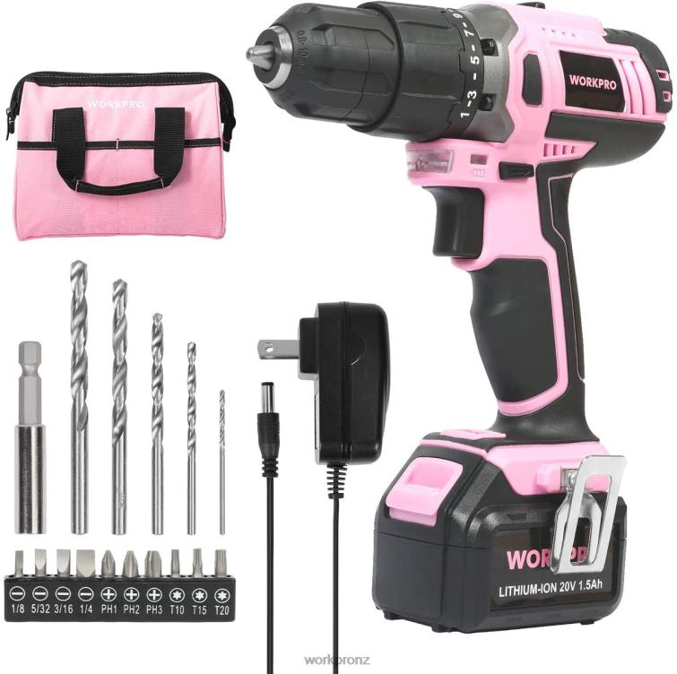 Cordless 20V Lithium-ion Drill Driver Set 8884L262 Pink WORKPRO Tool