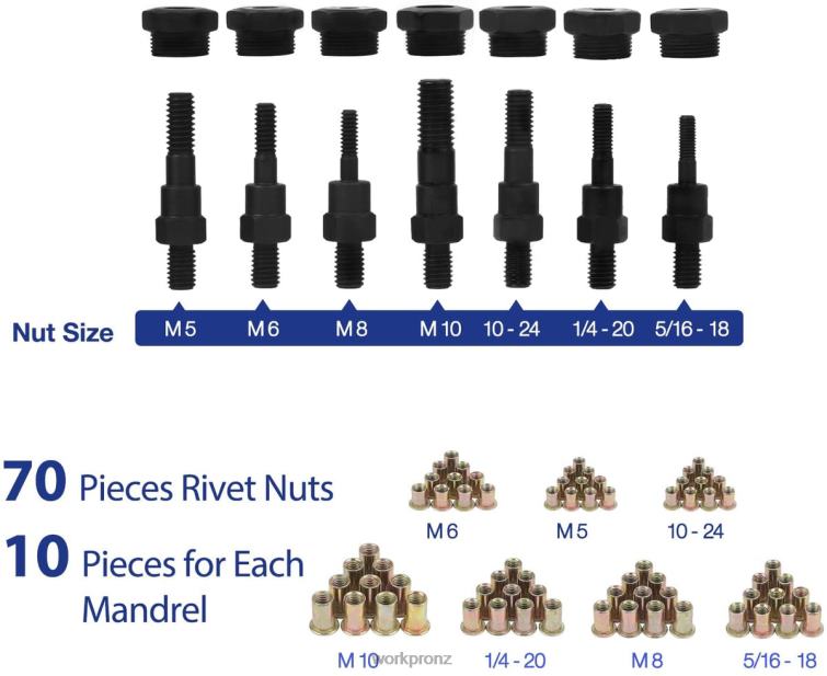 Rivet Nut Tool 70pcs Rivet Nuts and Carry Case Threaded Hand Nutsert Tool Kit 8884L309 Helpful WORKPRO Tool