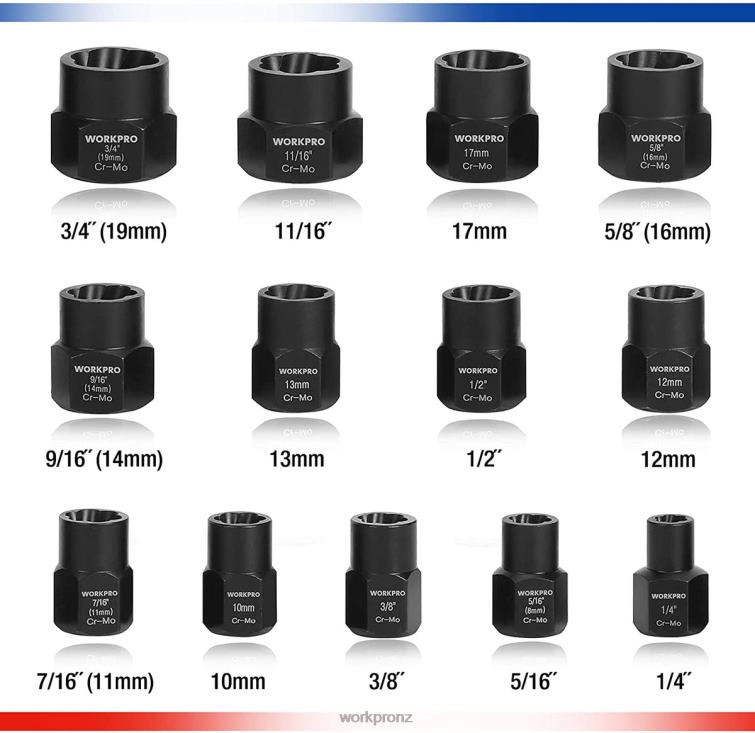 15 Pcs Impact Bolt & Nut Remover Set 8884L128 Useful WORKPRO Tool