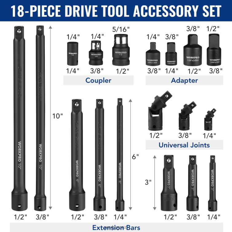 18 Pcs Drive Tool Accessory Set 8884L137 Morden WORKPRO Tool