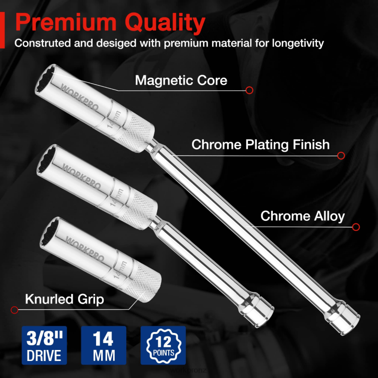 3 Pcs-14mm Thin Wall Socket with 6- and 10-inch ExtensionsMagnetic Swivel Spark Plug Socket Set 8884L143 Helpful WORKPRO Tool