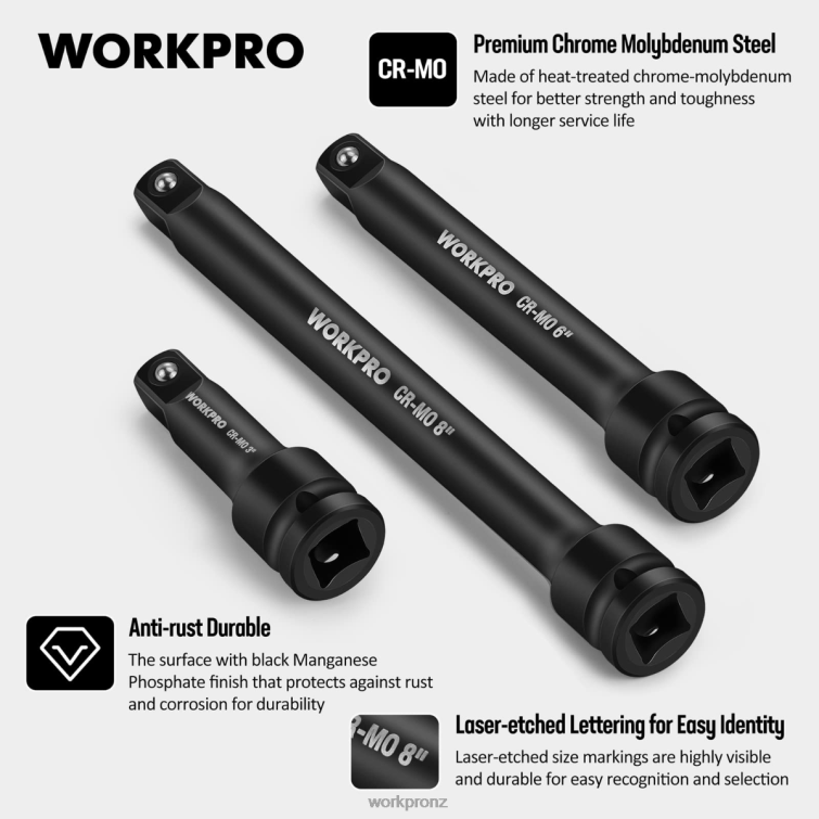3 Piece-3, 6, 8 Inch 1/2-Inch Socket Drive Impact Extension Bar Sets 8884L202 Useful WORKPRO Tool