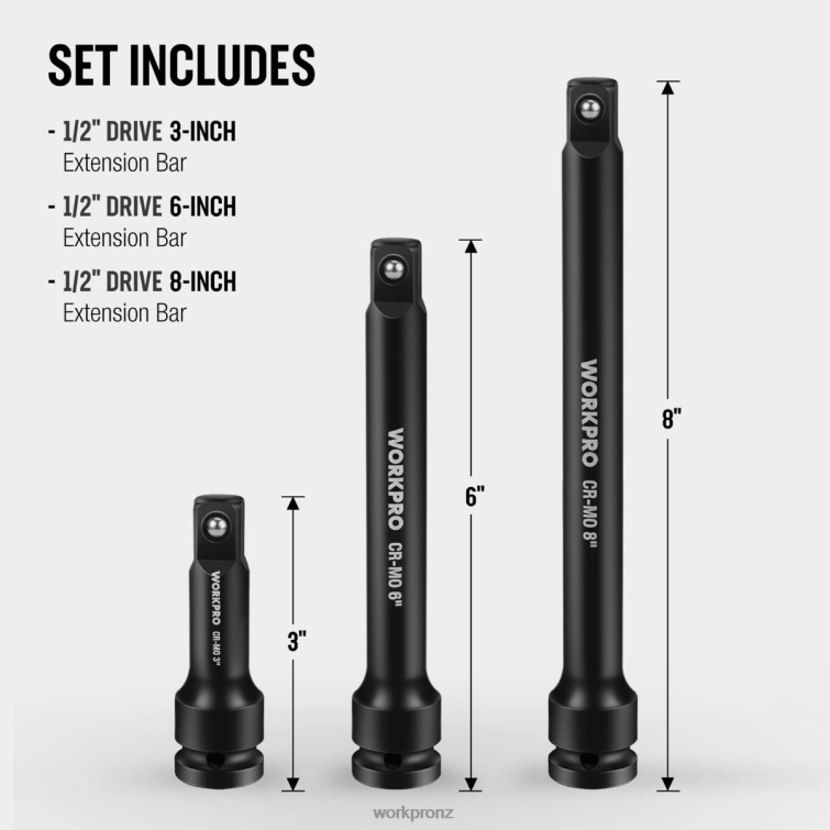 3 Piece-3, 6, 8 Inch 1/2-Inch Socket Drive Impact Extension Bar Sets 8884L202 Useful WORKPRO Tool