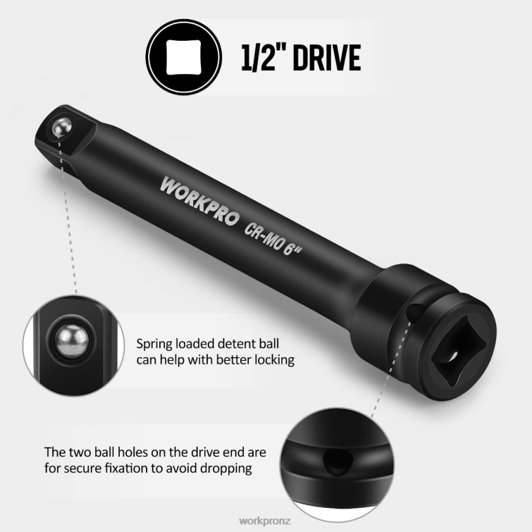 3 Piece-3, 6, 8 Inch 1/2-Inch Socket Drive Impact Extension Bar Sets 8884L202 Useful WORKPRO Tool