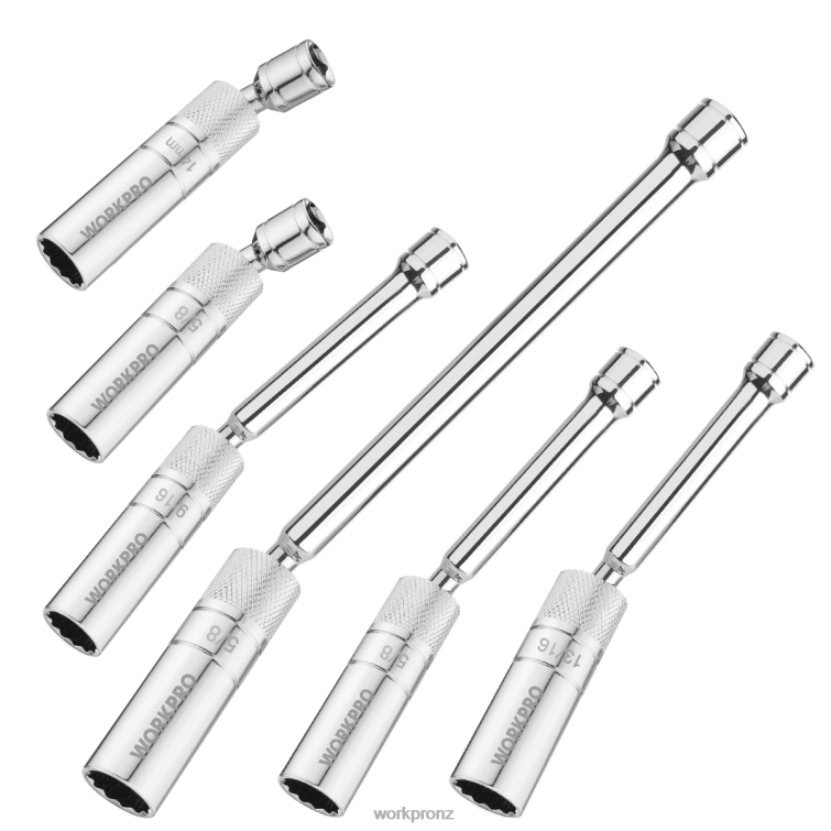 6 Pcs-9/16-inch, 5/8-inch, 13/16-inch, 14MM Thin Wall Sockets with 4, 6, 11-inch Extensions Magnetic Swivel Spark Plug Socket Set 8884L139 New WORKPRO Tool