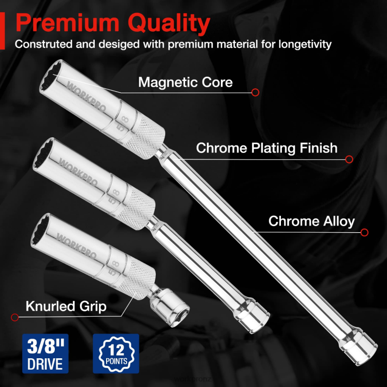 6 Pcs-9/16-inch, 5/8-inch, 13/16-inch, 14MM Thin Wall Sockets with 4, 6, 11-inch Extensions Magnetic Swivel Spark Plug Socket Set 8884L139 New WORKPRO Tool