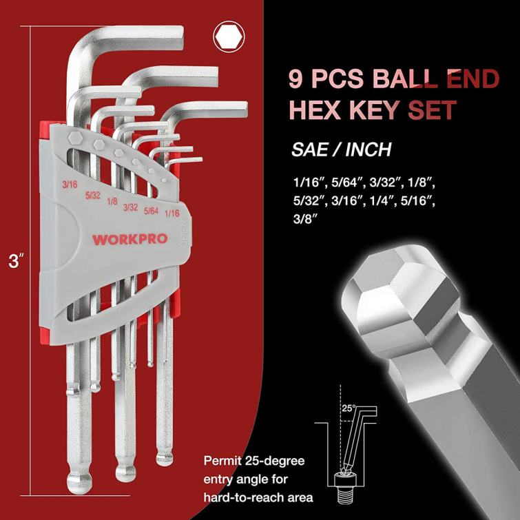 27 Pcs Long Arm Ball End Allen Wrench Set for Excellent Grip and Torque Transfer 8884L62 Useful WORKPRO Tool
