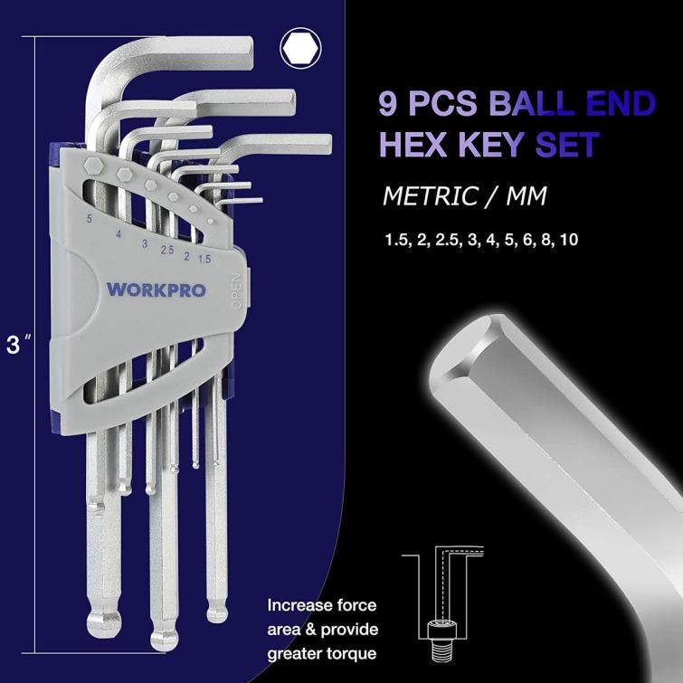 27 Pcs Long Arm Ball End Allen Wrench Set for Excellent Grip and Torque Transfer 8884L62 Useful WORKPRO Tool