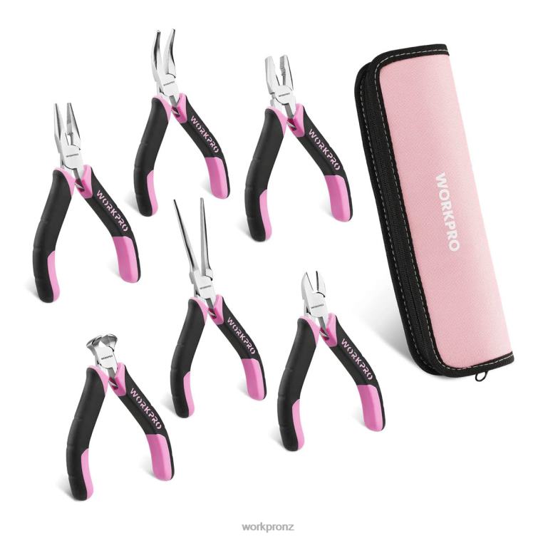 6 Pcs Mini Pliers Set with Pouch 8884L65 Pink WORKPRO Tool
