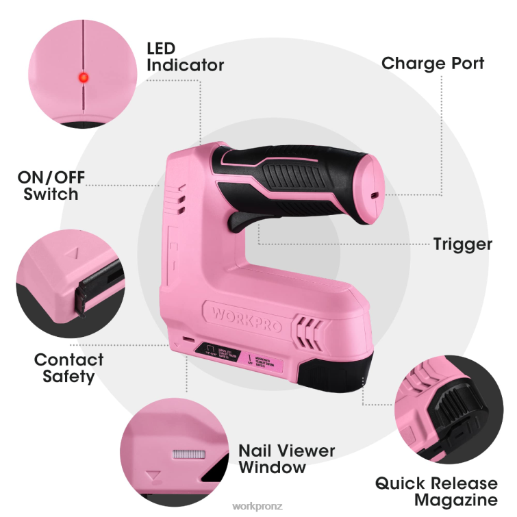 3.6V 2.0Ah Battery Powered Electric Cordless 2-in-1 Staple and Nail Gun 8884L265 Pink/Gray WORKPRO Tool