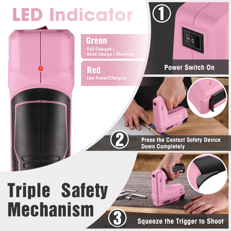 3.6V 2.0Ah Battery Powered Electric Cordless 2-in-1 Staple and Nail Gun 8884L265 Pink/Gray WORKPRO Tool