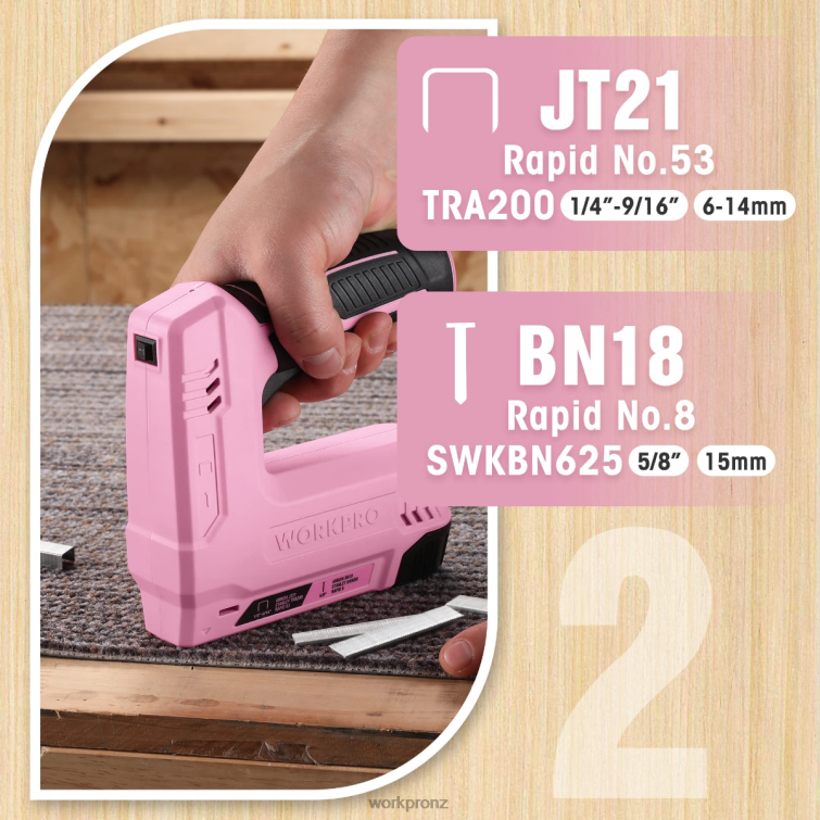 3.6V 2.0Ah Battery Powered Electric Cordless 2-in-1 Staple and Nail Gun 8884L265 Pink/Gray WORKPRO Tool