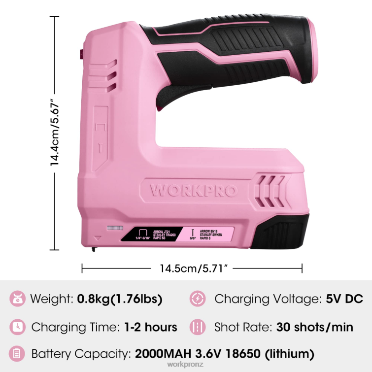 3.6V 2.0Ah Battery Powered Electric Cordless 2-in-1 Staple and Nail Gun 8884L265 Pink/Gray WORKPRO Tool