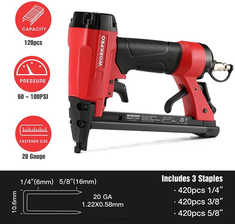 Pneumatic 20 Gauge Staple Gun for Carpentry Woodworking and DIY Projects 8884L61 Useful WORKPRO Tool