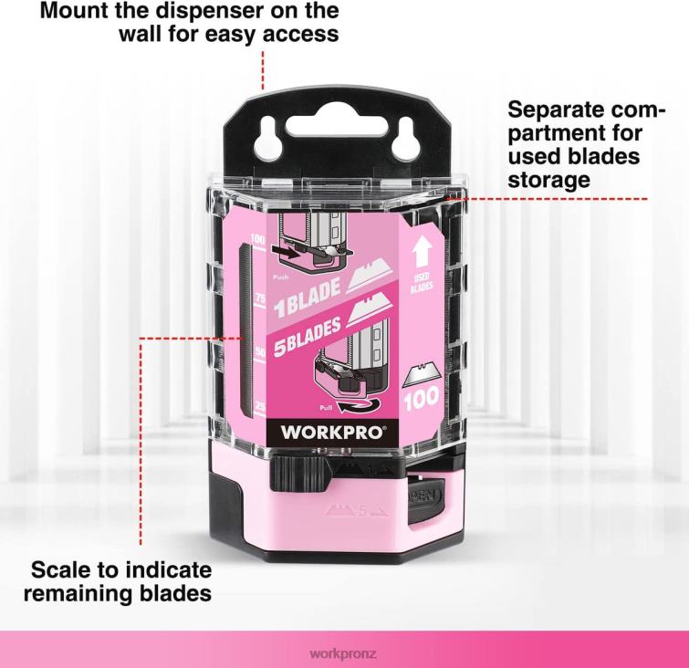 100 Pcs SK5 Carbon Steel Utility Knife Blades Replacement with Dispenser 8884L49 Red/Pink WORKPRO Tool