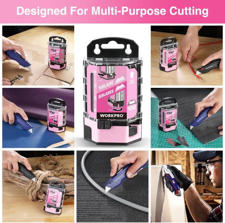 100 Pcs SK5 Carbon Steel Utility Knife Blades Replacement with Dispenser 8884L49 Red/Pink WORKPRO Tool