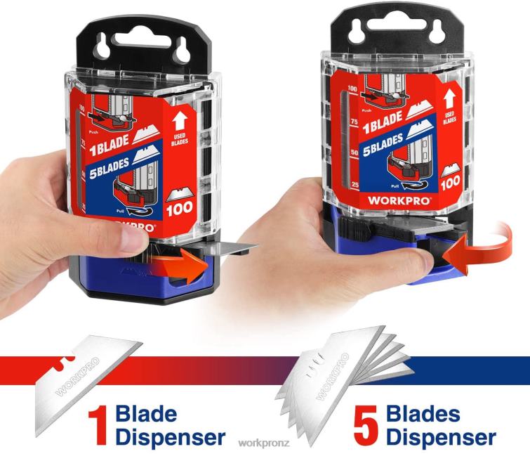 100 Pcs SK5 Carbon Steel Utility Knife Blades Replacement with Dispenser 8884L49 Red/Pink WORKPRO Tool