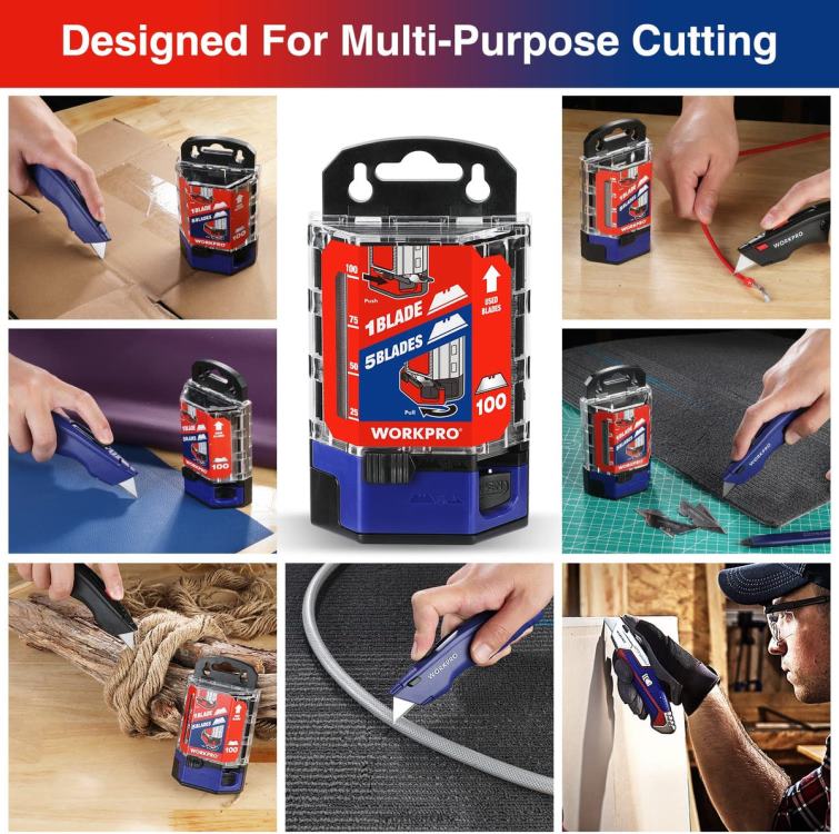 100 Pcs SK5 Carbon Steel Utility Knife Blades Replacement with Dispenser 8884L49 Red/Pink WORKPRO Tool