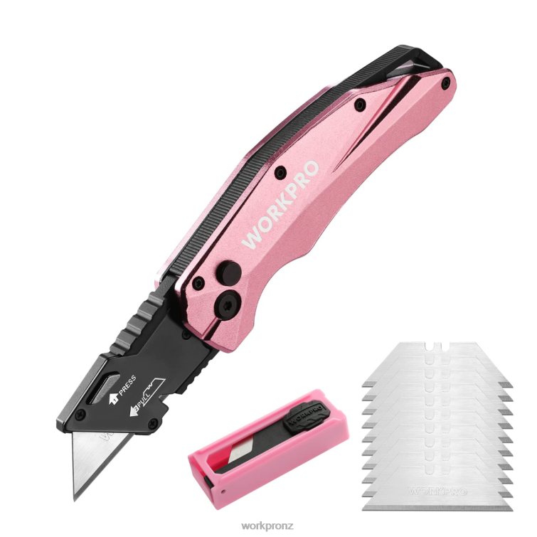 Folding Aluminum Utility Knife, 10 Extra Blades Include 8884L54 Pink WORKPRO Tool