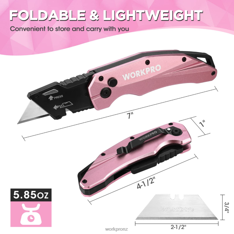 Folding Aluminum Utility Knife, 10 Extra Blades Include 8884L54 Pink WORKPRO Tool