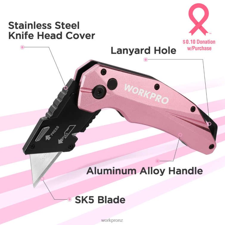 Folding Aluminum Utility Knife, 10 Extra Blades Include 8884L54 Pink WORKPRO Tool