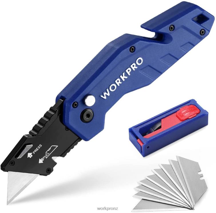 Folding Utility Knife Lightweight Nylon Handle Utility Cutter with 10-piece Extra Blades 8884L38 Red/Blue/Black WORKPRO Tool