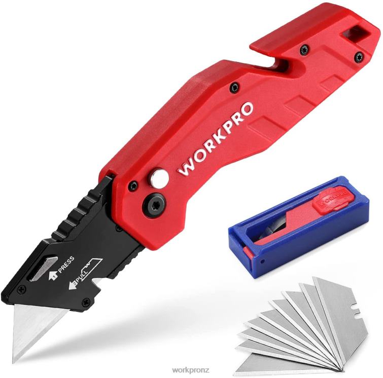 Folding Utility Knife Lightweight Nylon Handle Utility Cutter with 10-piece Extra Blades 8884L38 Red/Blue/Black WORKPRO Tool