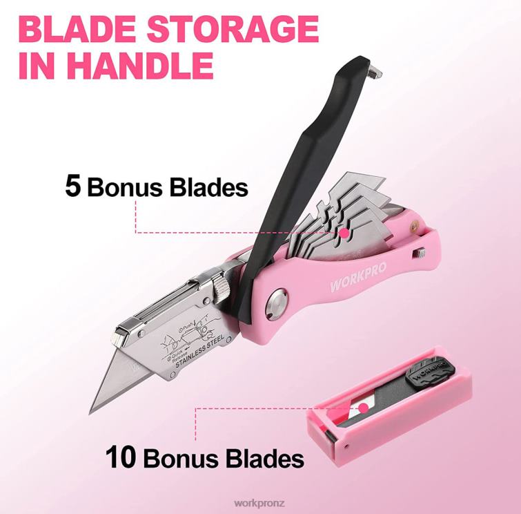 Folding Utility Knife, Quick Change Box Cutter, Razor Knife 8884L36 Pink WORKPRO Tool