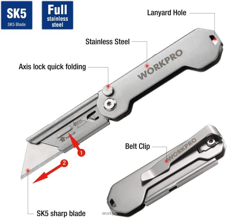 Quick Change Folding Pocket Utility Knife Mini Stainless Steel Folding Knife with Belt Clip 8884L47 New WORKPRO Tool