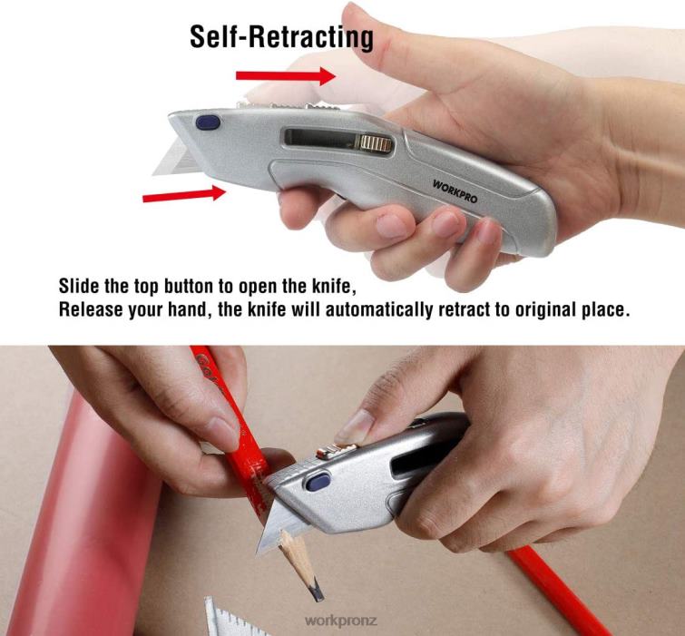 Retractable Utility Knife and Self-retracting Safety Box with 2 Extra Blades Included 8884L41 Morden WORKPRO Tool